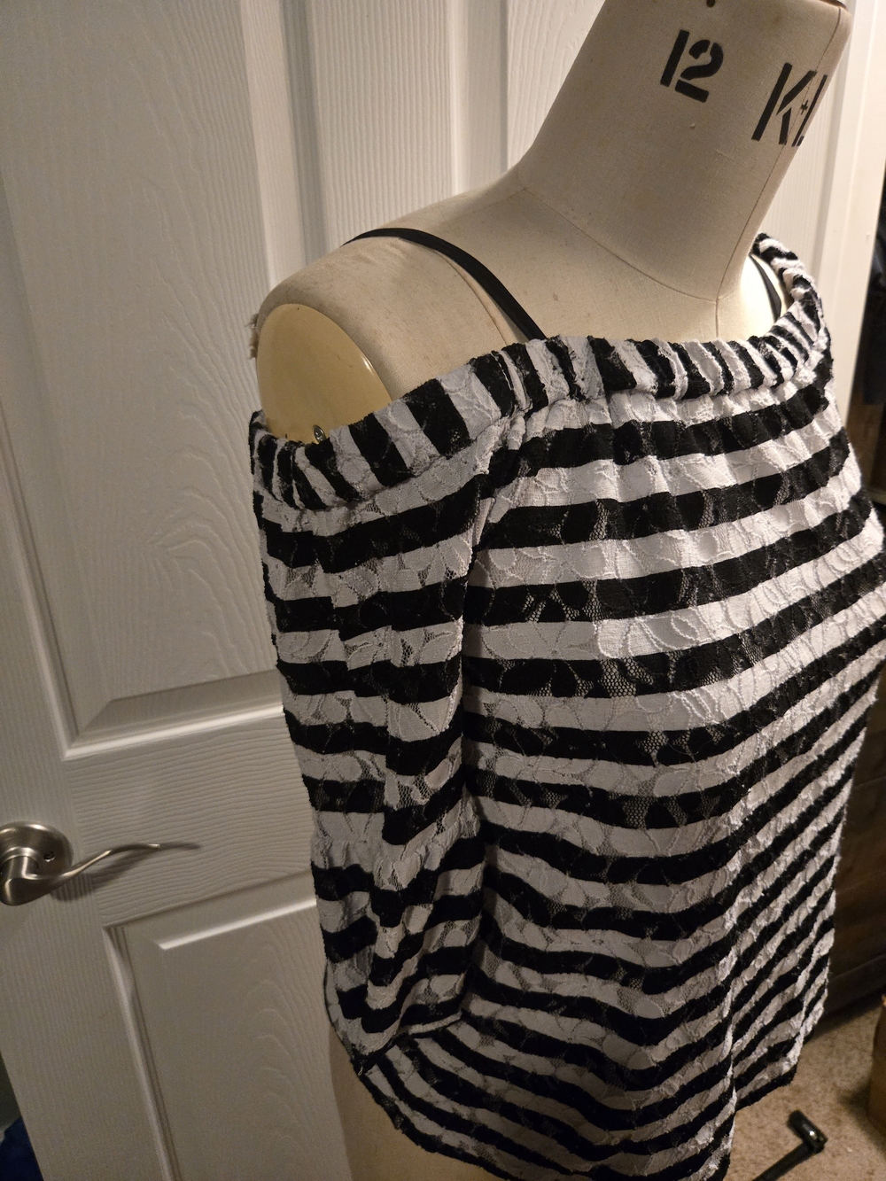 Karl Lagerfeld Black and White Off-Shoulder Striped Lace Blouse - Picture 2 of 7